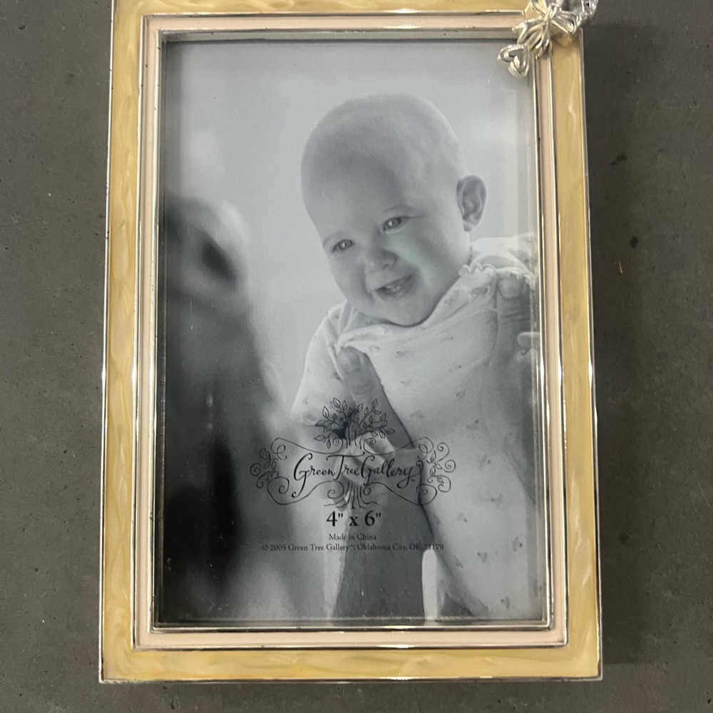 Silver / Yellow / White Baby Picture Frame with Rattle Accent